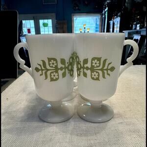 VTG Glassbake Green Flower Pedestal Cups - Set of 6 - Retro